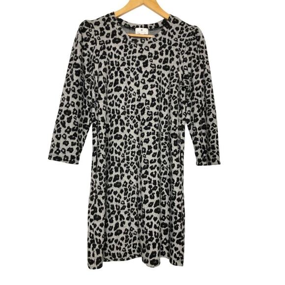 Socialite Leopard Print Sweater Dress 3/4 Sleeve Mini Gray Black Large - Picture 2 of 6